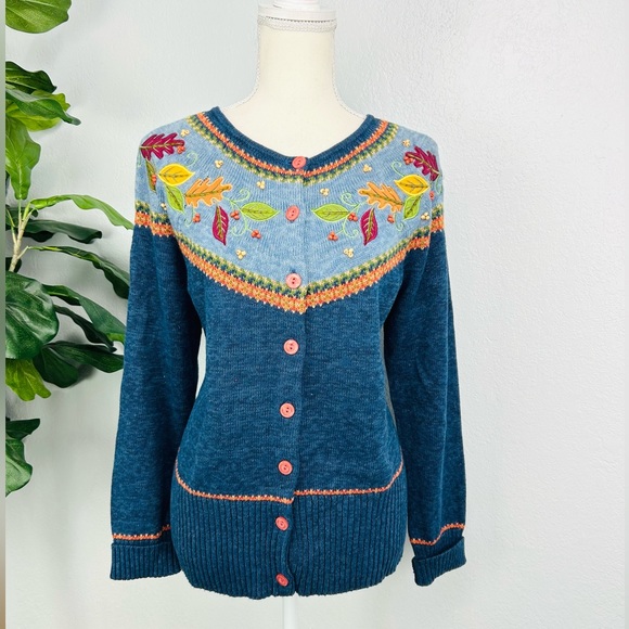 Vintage Tiara Beaded Embroidered Fall Leaves Grandma Core Sweater Cardigan - Picture 1 of 6